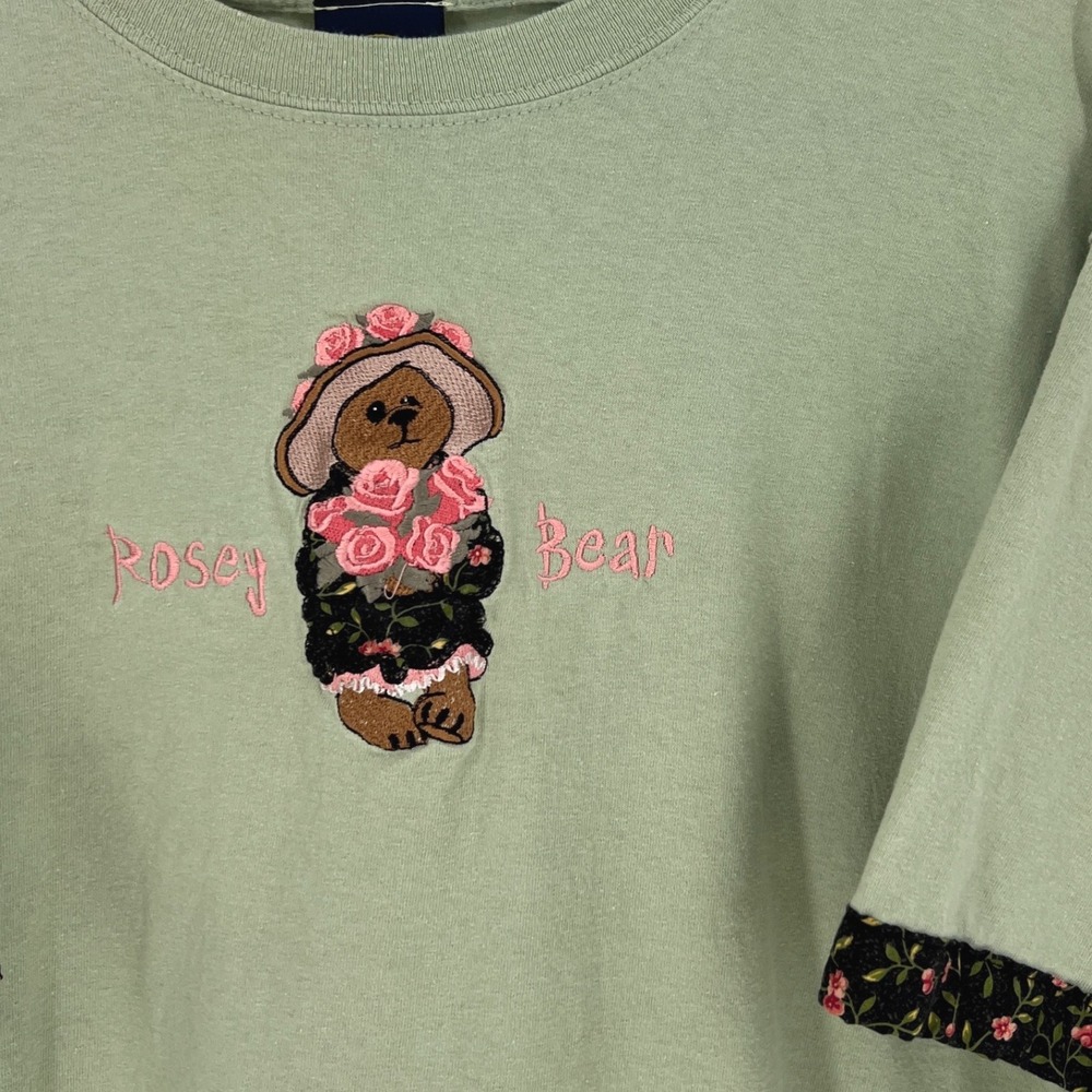 VTG Rosey‎ Bear Embroidered T Shirt Womens XL Green Short Sleeve Posy Bear Top